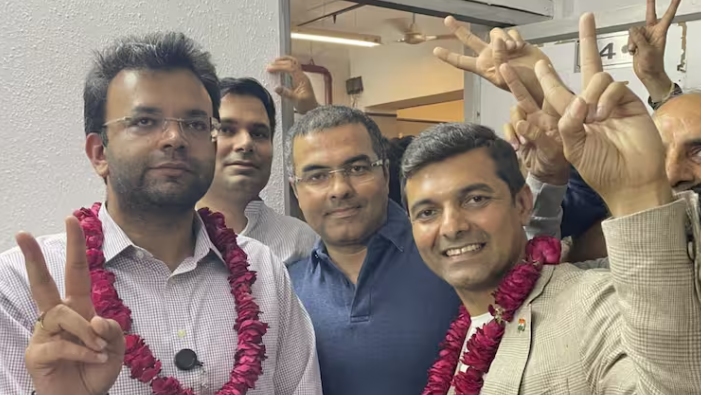 Rohan Jaitley and Siddharth Verma celebrate their DDCA election victories.